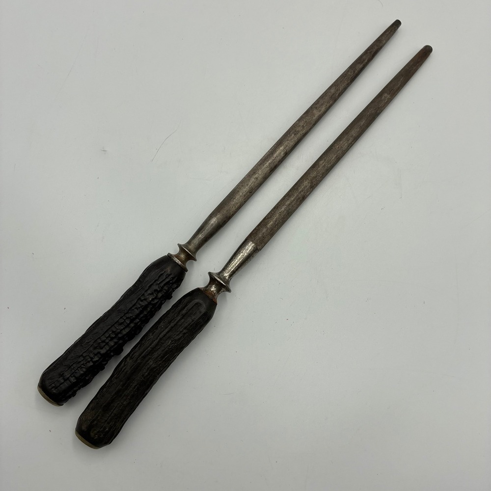 Vintage Knife Sharpening Steels Faux Stag Handle Honing Rods Set of 2